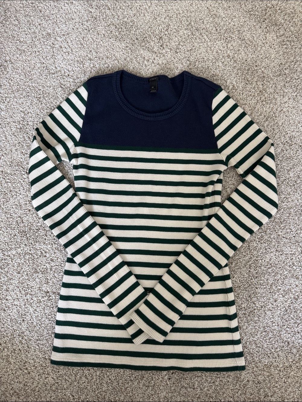 J. Crew Navy and Green Striped Long Sleeve Top